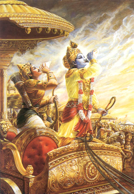Krishna y Arjuna convocando a sus ej鲣itos